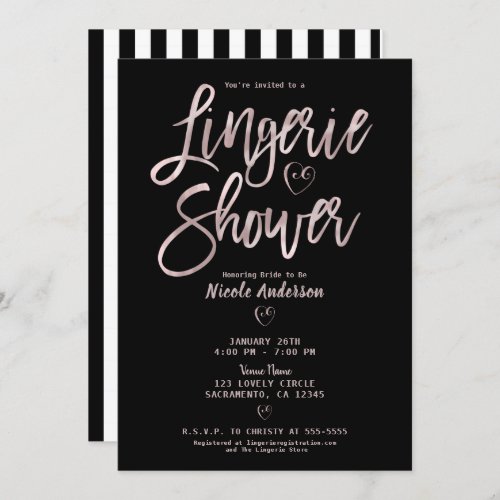 Black White Stripes Rose Gold Pink Lingerie Shower Invitation