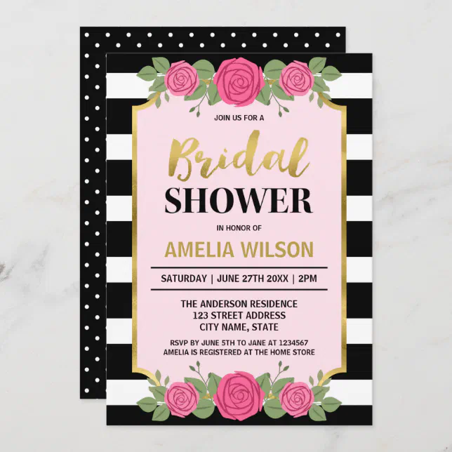 Black White Stripes Roses Bridal Shower Invitation | Zazzle