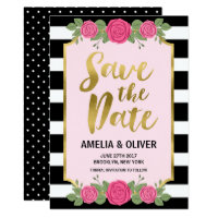 Black White Stripes Roses Wedding Save the Date Card