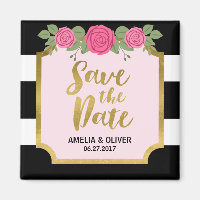 Black White Stripes Roses Wedding Save the Date Magnet