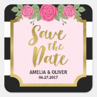 Black White Stripes Roses Wedding Save the Date Square Sticker