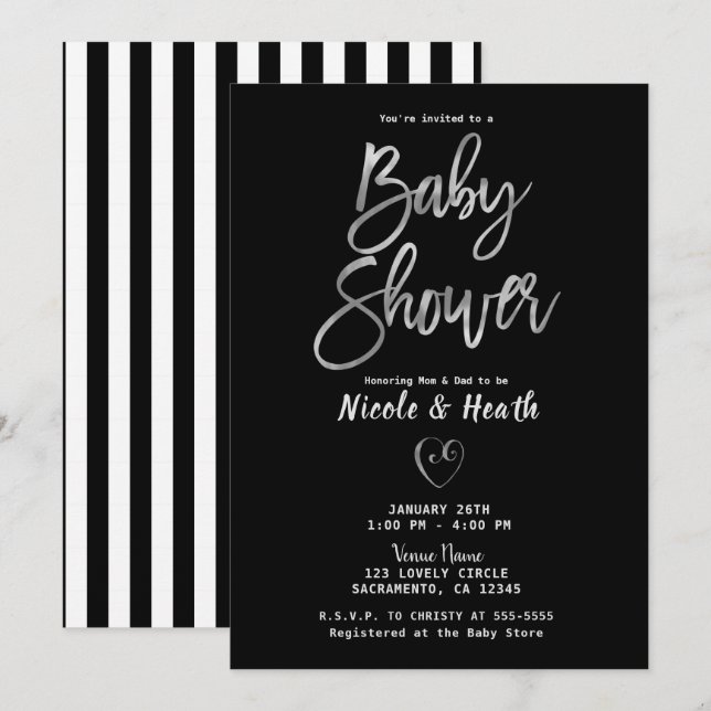 Black White Stripes Silver Chic Baby Shower    Invitation (Front/Back)