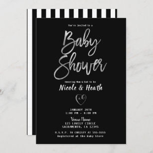 Black White Stripes Silver Chic Baby Shower    Invitation