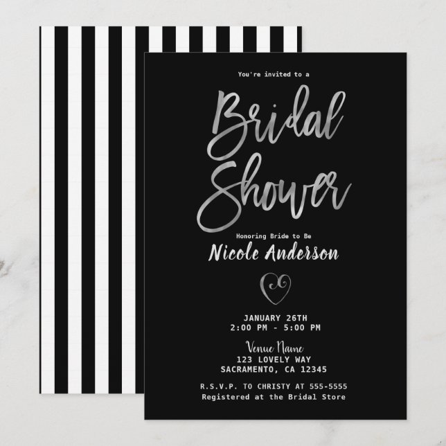 Black White Stripes Silver Chic Bridal Shower   Invitation (Front/Back)