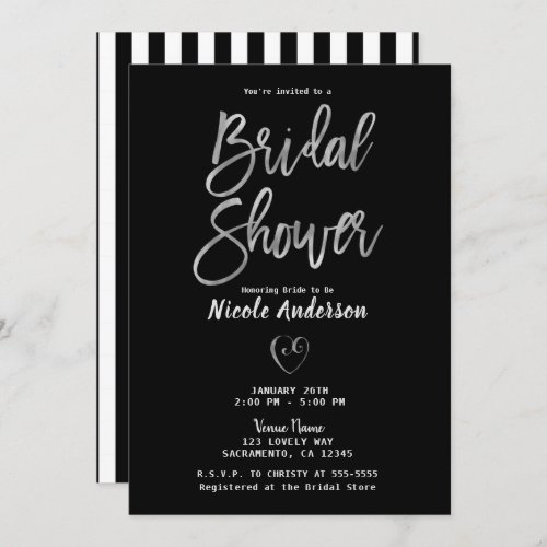 Black White Stripes Silver Chic Bridal Shower   Invitation