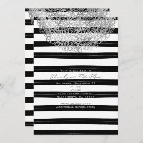 Black  White Stripes  Silver Circle Invitations