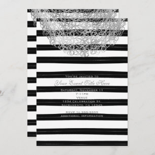 Black & White Stripes & Silver Circle Invitations