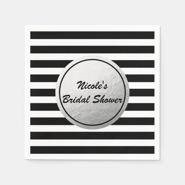Black & White Stripes Silver Faux Foil Party Paper Napkins (Front)