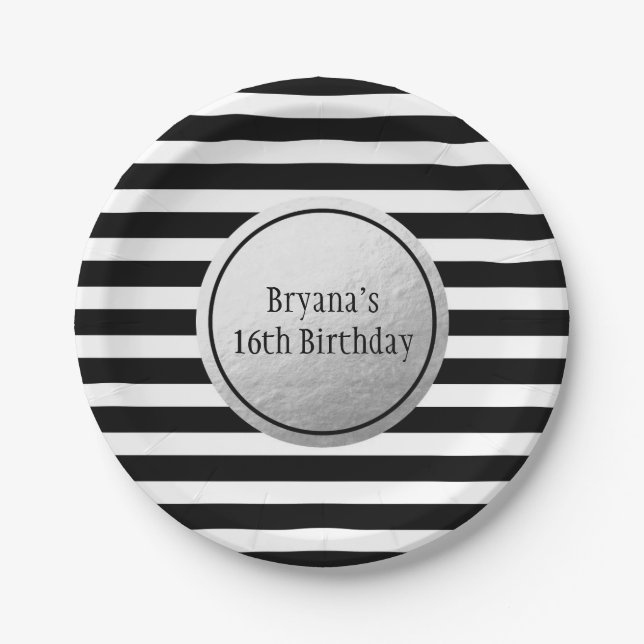Black & White Stripes Silver Faux Foil Party Paper Plates (Front)