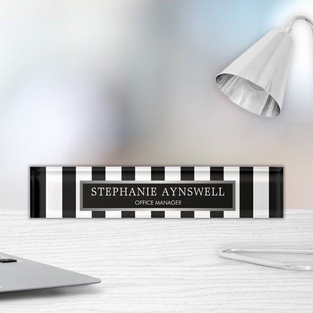 Black White Stripes Silver Personalized Desk Name Plate (Creator Uploaded)