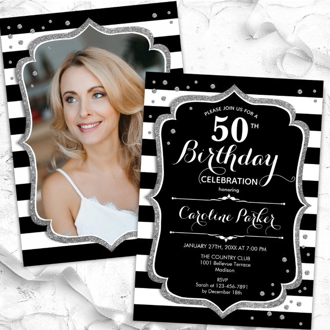 Black White Stripes Silver Photo 50th Birthday Invitation (Creator Uploaded)