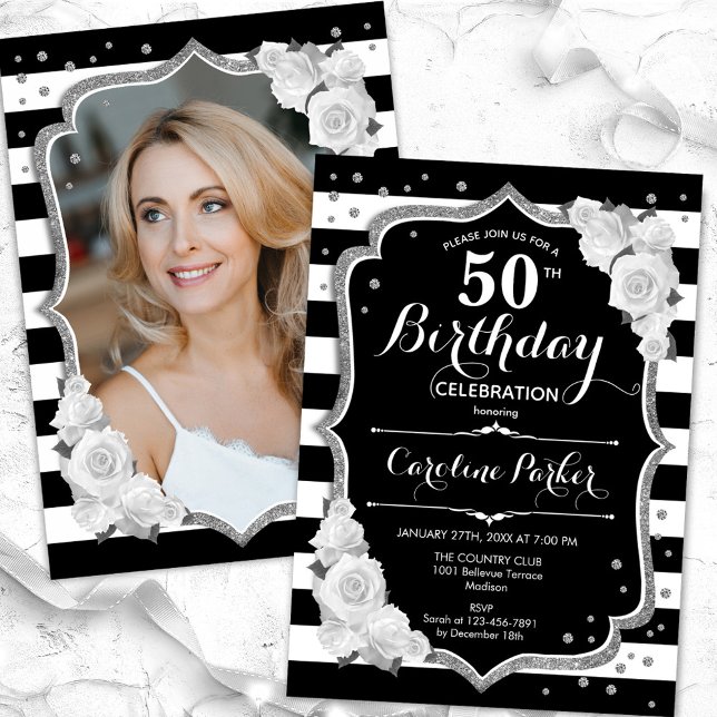 Black White Stripes Silver Photo 50th Birthday Invitation (Creator Uploaded)