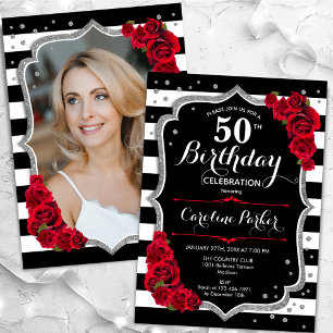 Black White Stripes Silver Red Photo 50th Birthday Invitation