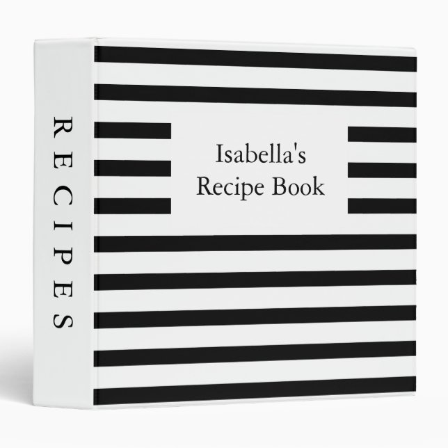 Black White Stripes Simple Recipe Book 3 Ring Binder (Front/Spine)