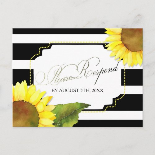 Black White Stripes Sunflower Wedding RSVP Invitation Postcard