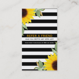 Black White Stripes Sunflowers Chic Refer a Friend Referral Card
