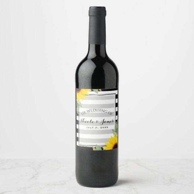 Black White Stripes Sunflowers Floral Chic Wine Wine Label (Front)