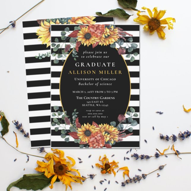 Black White Stripes Sunflowers Graduation Party Invitation (Creator Uploaded)