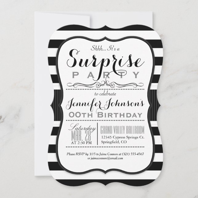 Black & White Stripes Surprise Party Invitation (Front)