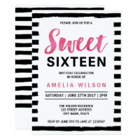 Black & White Stripes Sweet 16 Birthday Invitation