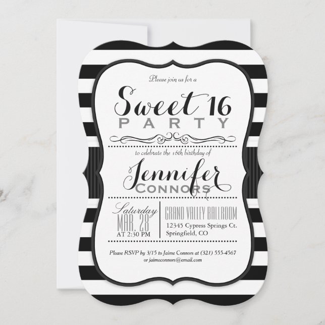 Black & White Stripes Sweet 16 Party Invitation (Front)