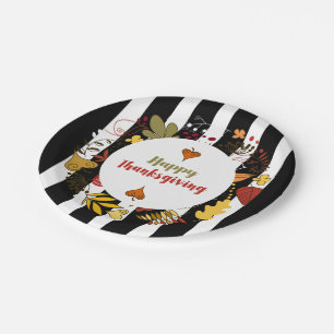 Black & White Stripes Thanksgiving Wreath Paper Plates