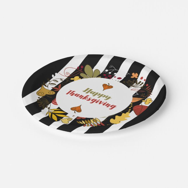 Black & White Stripes Thanksgiving Wreath Paper Plates (Angled)