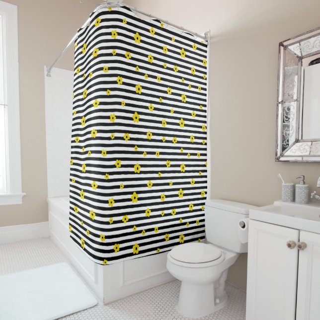 BLACK & WHITE STRIPES & TINY YELLOW FLOWERS SHOWER CURTAIN (In Situ)