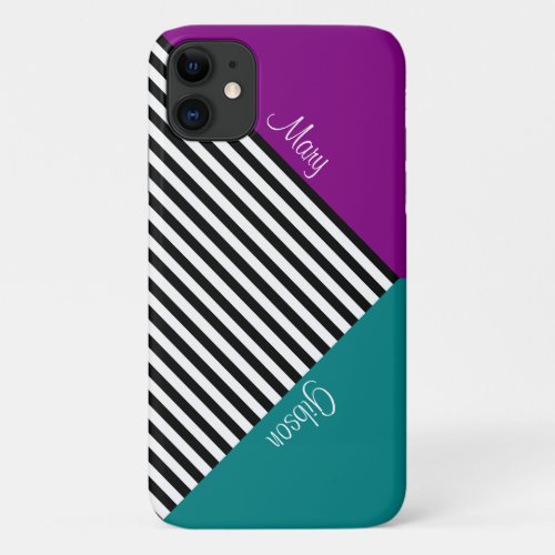 Black White Stripes Unique Name On Purple And Teal iPhone 11 Case