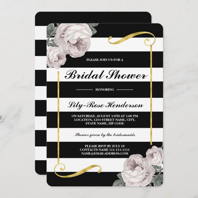 Black White Stripes | Vintage Floral Bridal Shower Invitation (Front/Back)