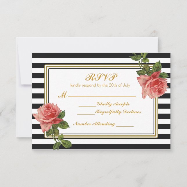 Black & White Stripes Vintage Pink Rose RSVP Card (Front)