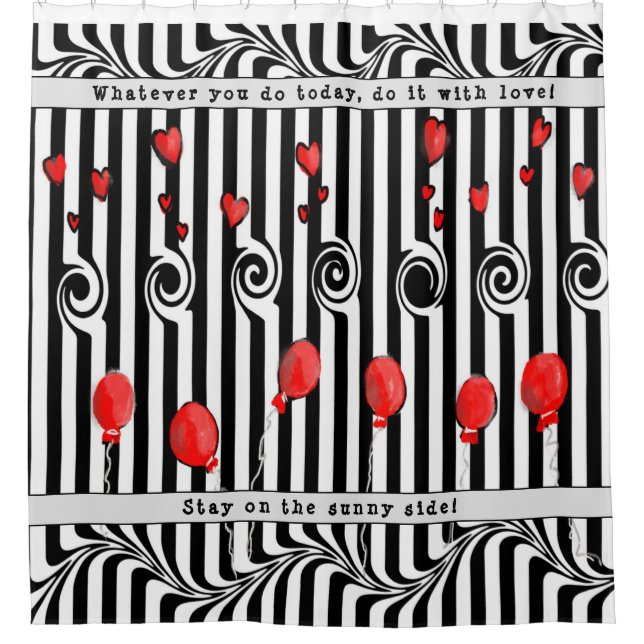 Black & White Stripes w/Hearts, Balloons, & Quotes Shower Curtain (Front)