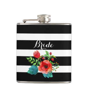 Black & White Stripes Water Color Floral Accent Flask