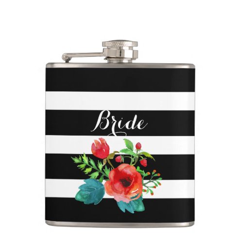 Black  White Stripes Water Color Floral Accent Flask