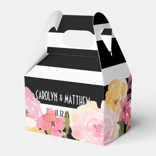 Black White Stripes Watercolor Fl Wedding Favor Box Zazzle Black White Stripes Watercolor Fl Wedding Favor Box