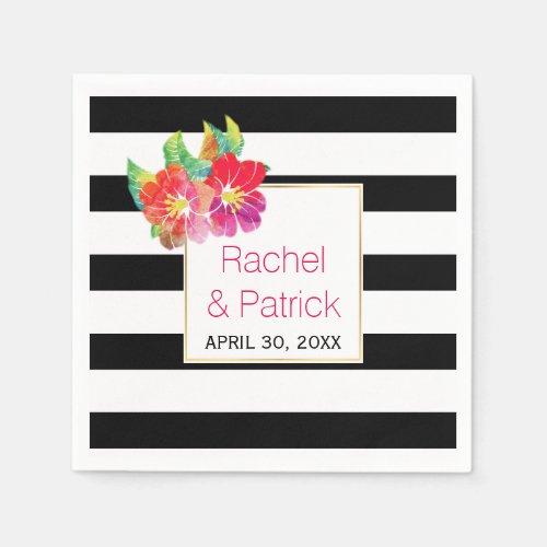 Black white stripes watercolor flowers wedding paper napkins