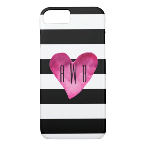 Black  White Stripes Watercolor Heart Monogram iPhone 87 Case