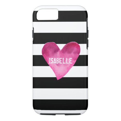 Black  White Stripes Watercolor Heart your name iPhone 87 Case