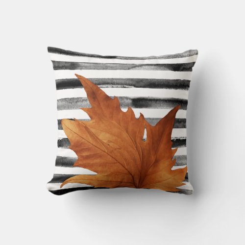 Black white Stripes Watercolor Leaf Rustic Fall Throw Pillow