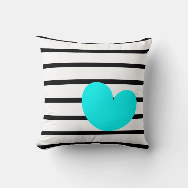 Black & White Stripes with Aqua Heart Throw Pillow (Front)