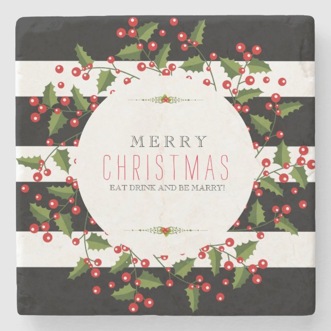 Black & White Stripes With Christmas Wreath Stone Coaster (Front)