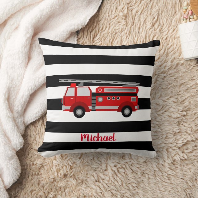 *Black & White Stripes with Fire Truck Throw Pillow (Blanket)