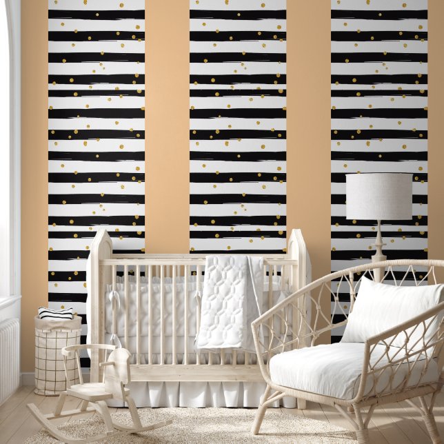 Black White Stripes with Gold Confetti Pattern Wallpaper (Kids)