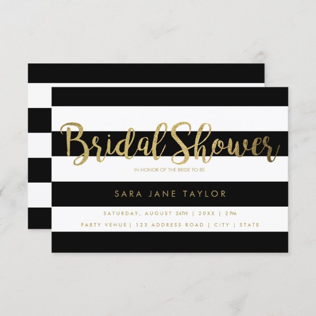 Black & White Stripes with Gold Foil Bridal Shower Invitation (Front/Back)