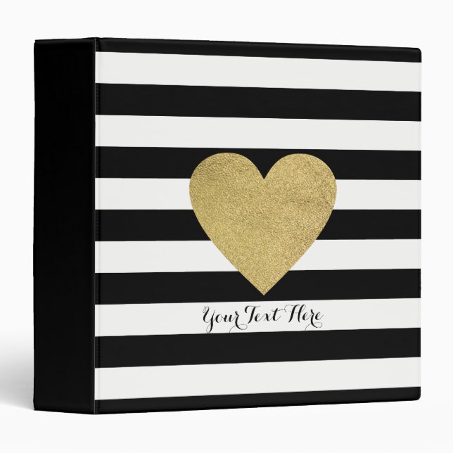 Black & White Stripes with Gold Foil Heart 3 Ring Binder (Front/Spine)