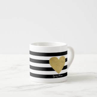 Black & White Stripes with Gold Foil Heart Espresso Cup