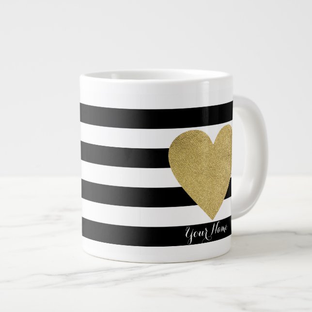 Black & White Stripes with Gold Foil Heart Giant Coffee Mug (Front Right)
