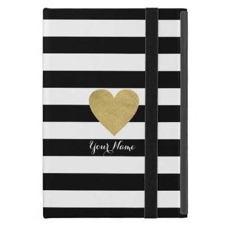 Black & White Stripes With Gold Foil Heart Ipad Mini Cover