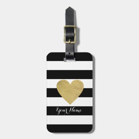 Black & White Stripes With Gold Foil Heart Luggage Tag
