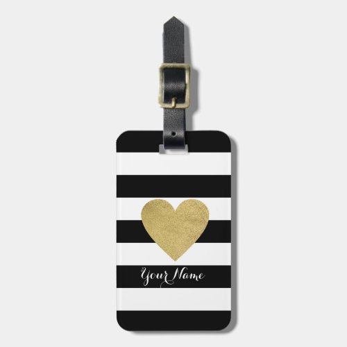 Black  White Stripes with Gold Foil Heart Luggage Tag